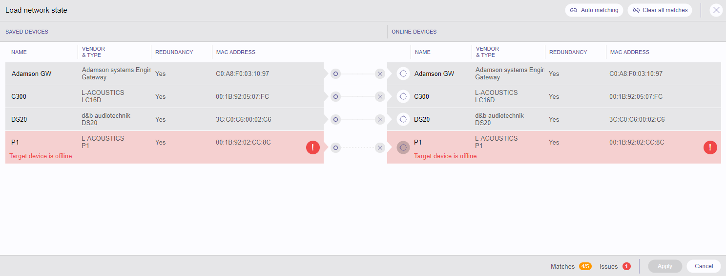 Match devices dialog with an error in matching