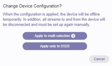 Device configuration change confirmation dialog for multiple devices selected