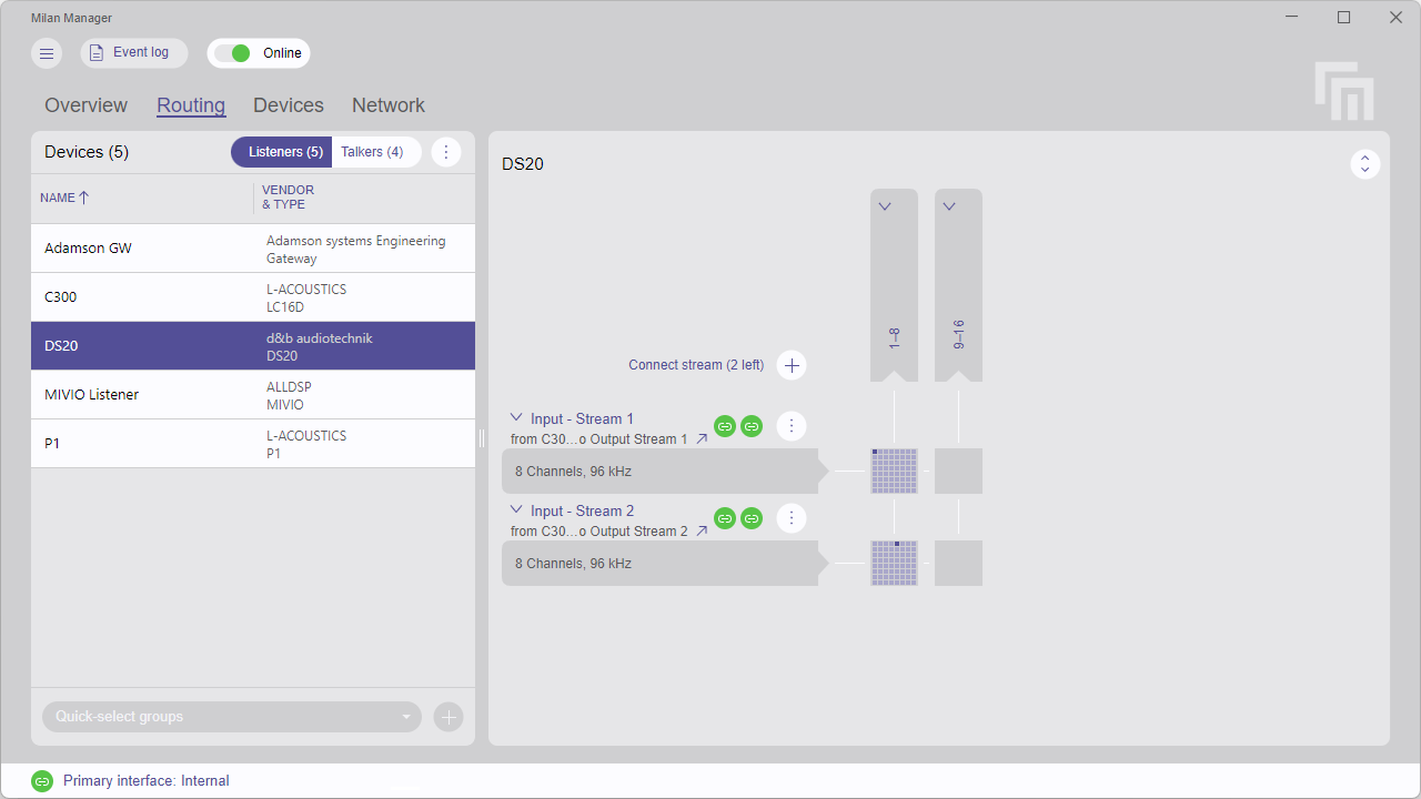 Routing tab showing listeners